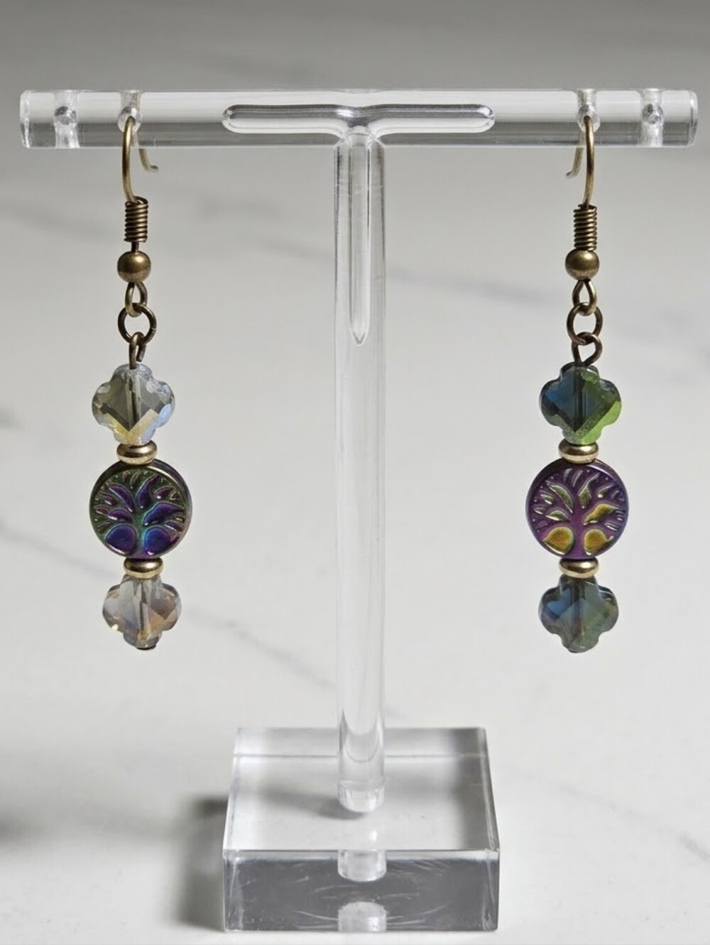 Iridescent Tree of Life & Crystal Bead Drop Earrings